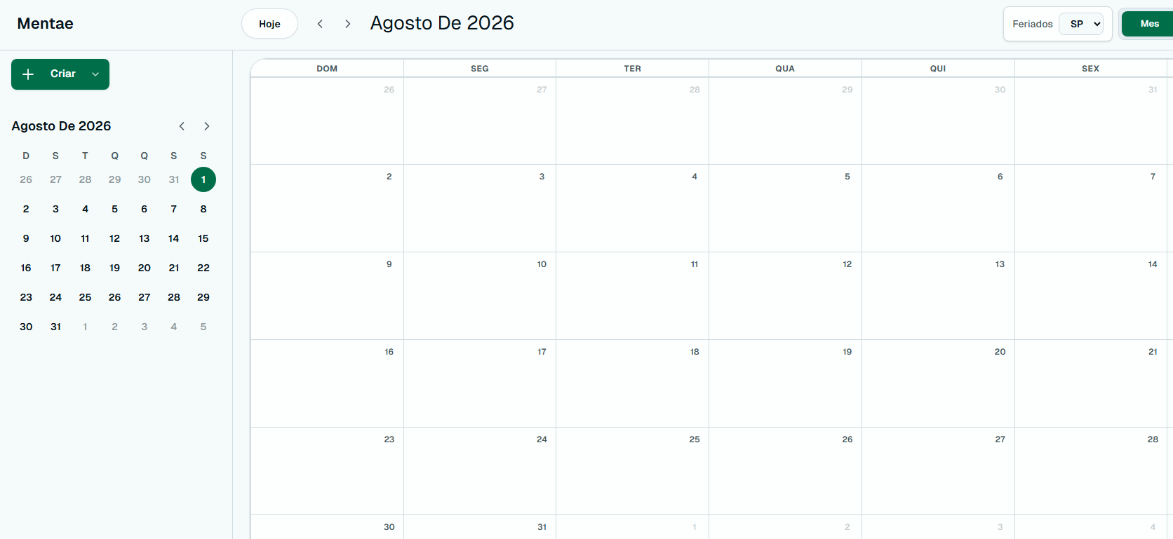 Tela de agenda mensal do Mentae Shield