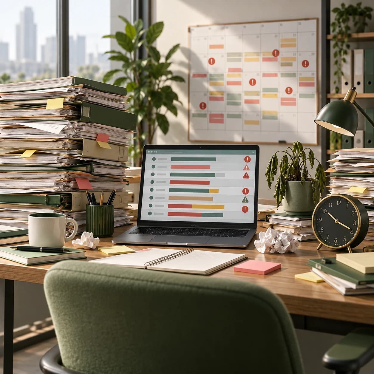 Mesa com pilhas de pastas, calendario cheio e alertas para representar sobrecarga de trabalho.