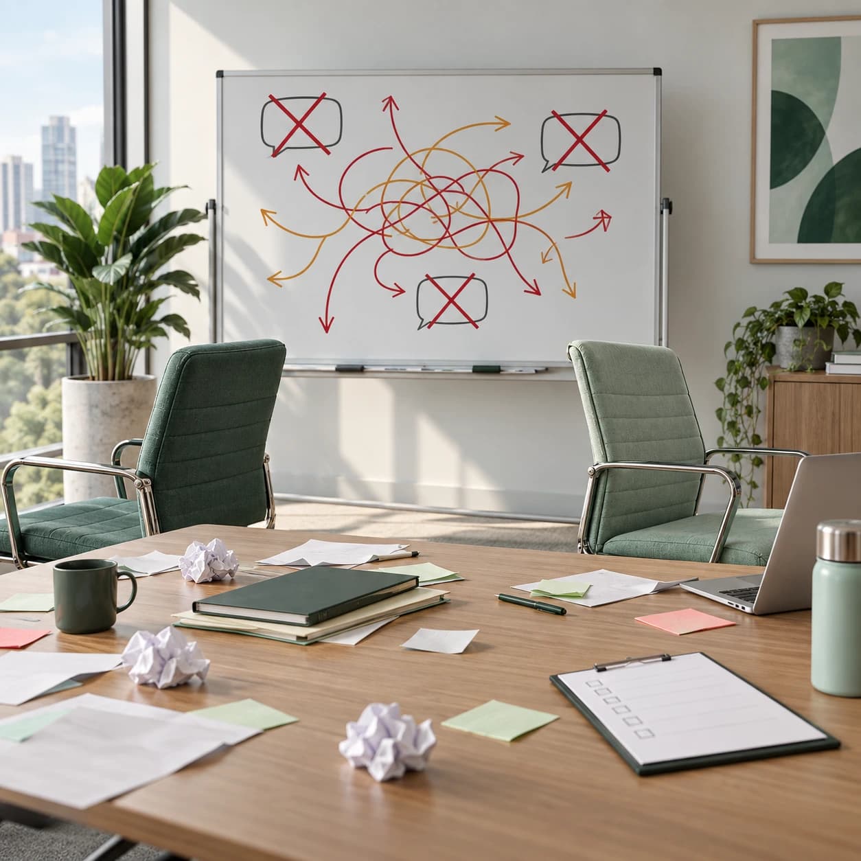 Sala de reuniao vazia com quadro de comunicacao confuso, cadeiras afastadas e lista sem preencher.