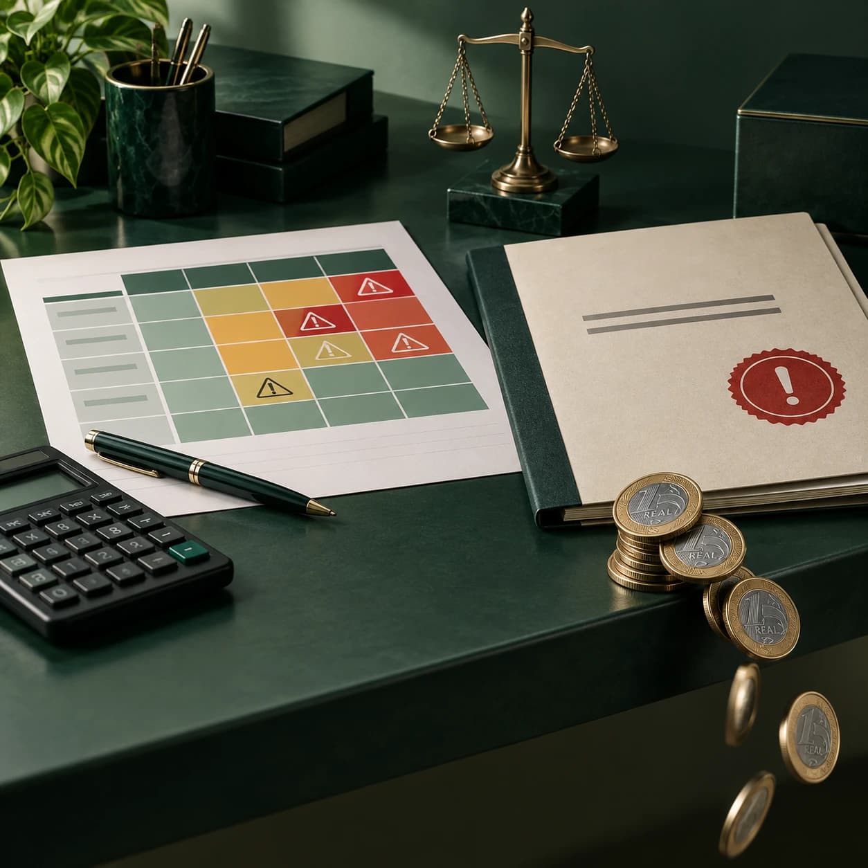 Matriz de riscos, aviso de multa e moedas representam perdas financeiras causadas por riscos sem controle.
