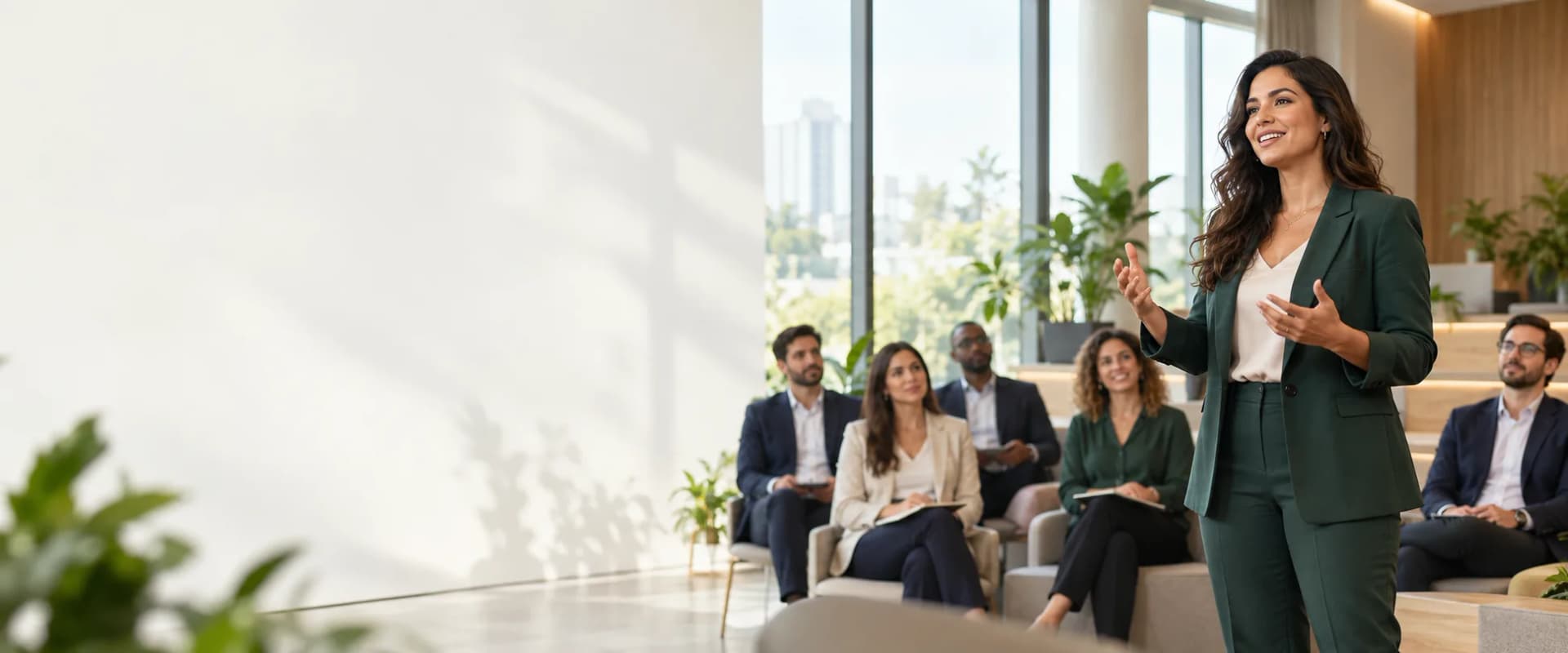 Palestrante conduzindo uma conversa com profissionais em um ambiente corporativo