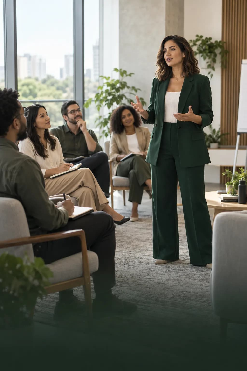 Facilitadora conduzindo um workshop sobre saúde psicossocial e liderança para profissionais.