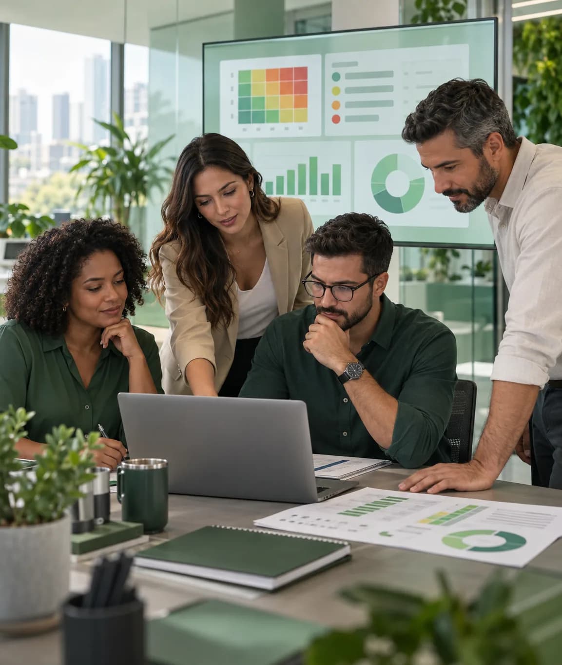 Equipe analisando riscos, prioridades e planos de ação em um ambiente corporativo.