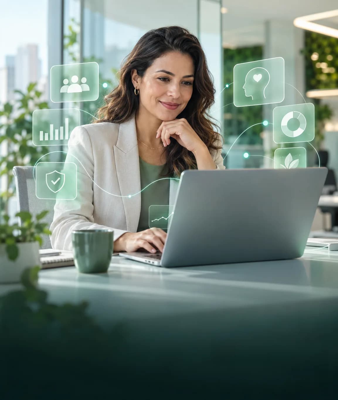 Profissional usando inteligência artificial para apoiar decisões sobre saúde mental no trabalho.