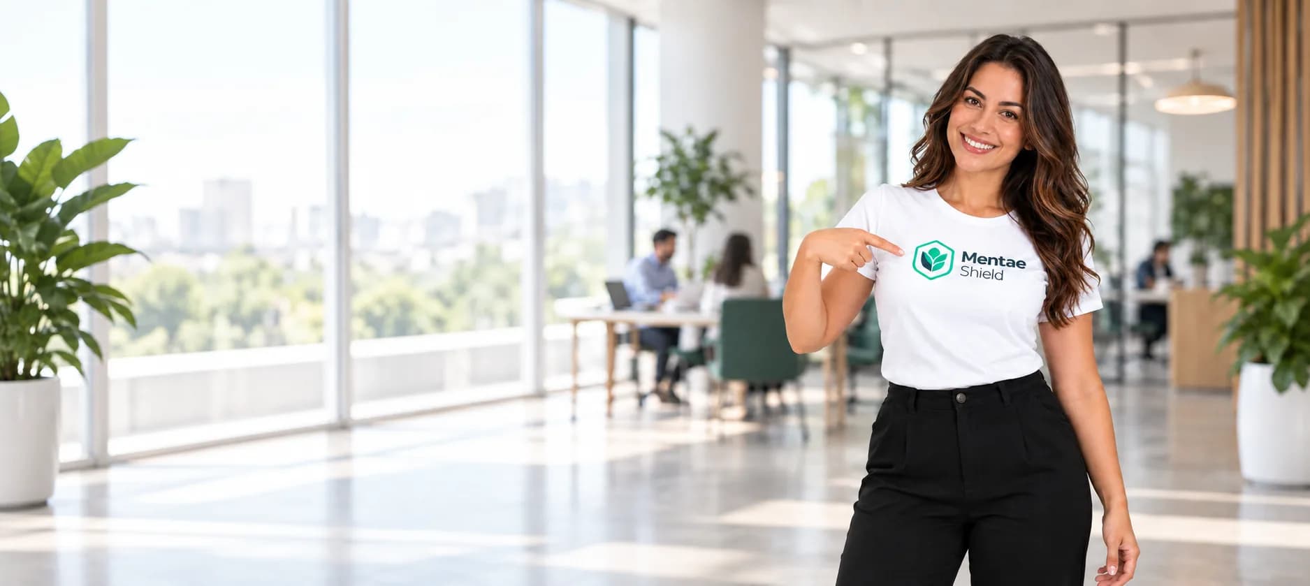 Profissional apresentando o Mentae Shield em um ambiente corporativo